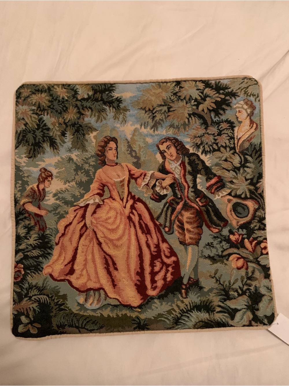 Vintage Tapestry Cushion Cover - Romantic Scene in Coral & Teal